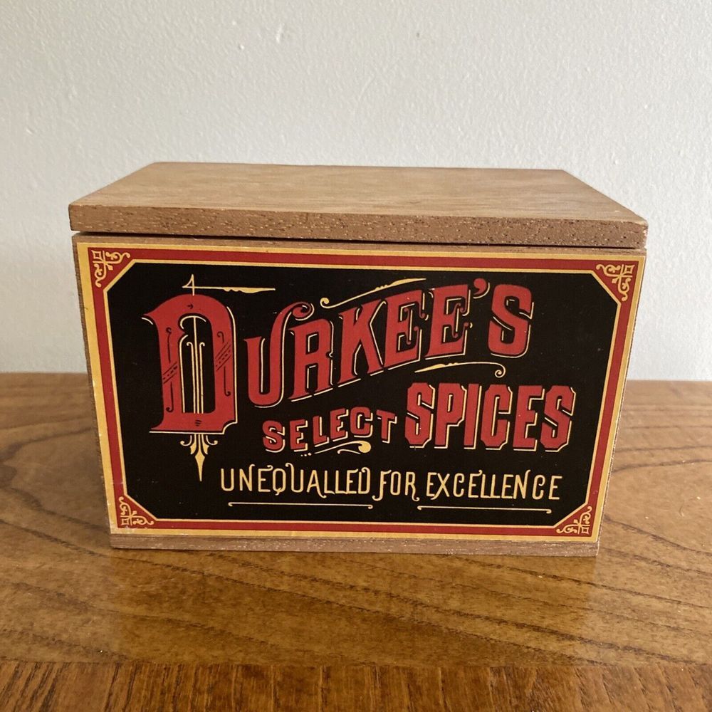 Vintage George Nathan 1984 Durkee's Select‎ Spices Recipe Box Wood with Lid